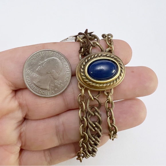 Vintage MONET Signed Blue Stone Antiqued Goldtone Triple Chain Link Bracelet - Picture 2 of 4